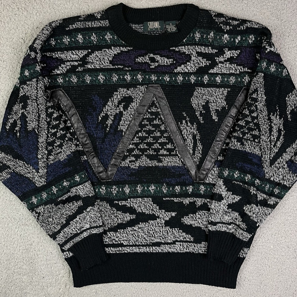 Vintage‎ 90s Stefano Man Sweater Abstract Knit Pullover Black Gray Blue Pattern